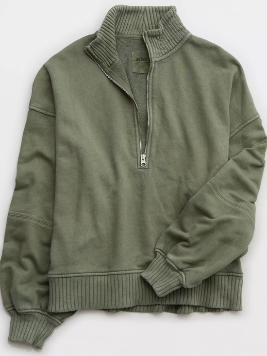 aerie Tops - Aerie Sun's Out Quarter Zip Sweatshirt - in Olive - Small